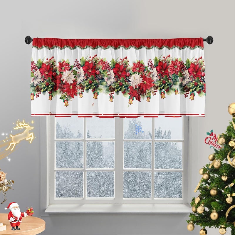 SUNWISHA Christmas Poinsettia Curtains Valance for Kitchen Window 52 x 18 Inch Window Decor Red - Image 3